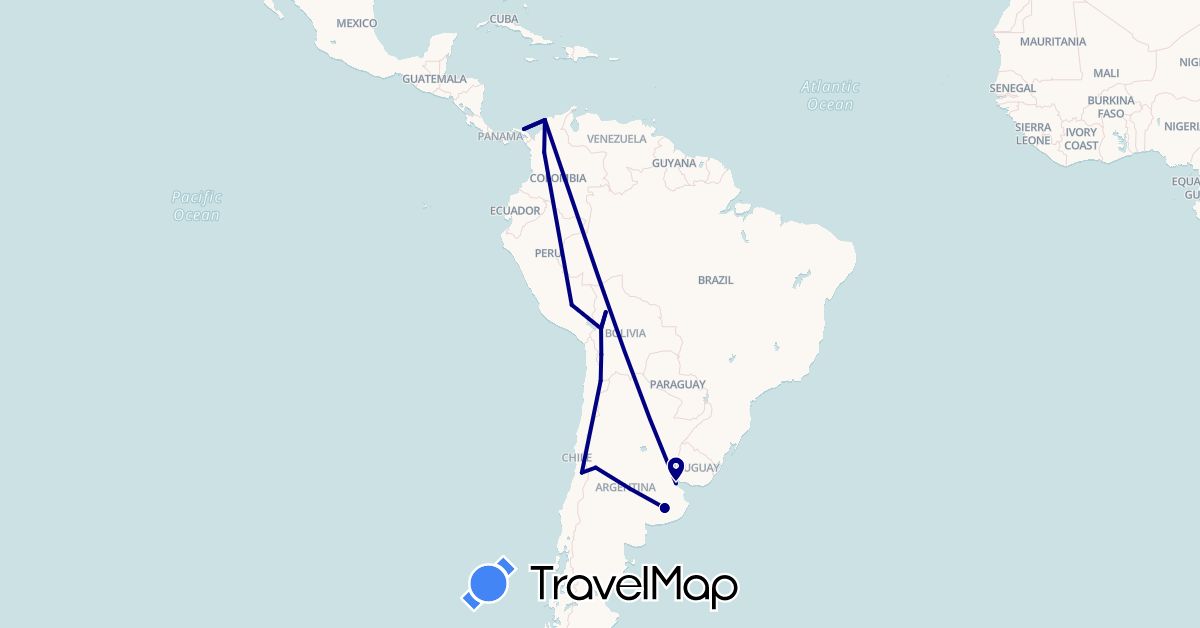 TravelMap itinerary: driving in Argentina, Bolivia, Chile, Colombia, Panama, Peru (North America, South America)